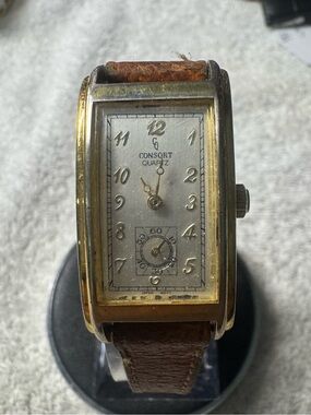 Men's Gold-Tone Rectangular Watch with Brown Leather Strap